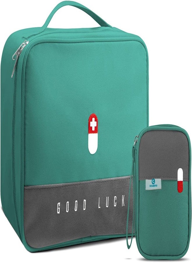 SRUSTEPY Medical Pill Organiser Travel Kit with Mini Pouch, Teal and Grey, Good Luck Design - Image 1